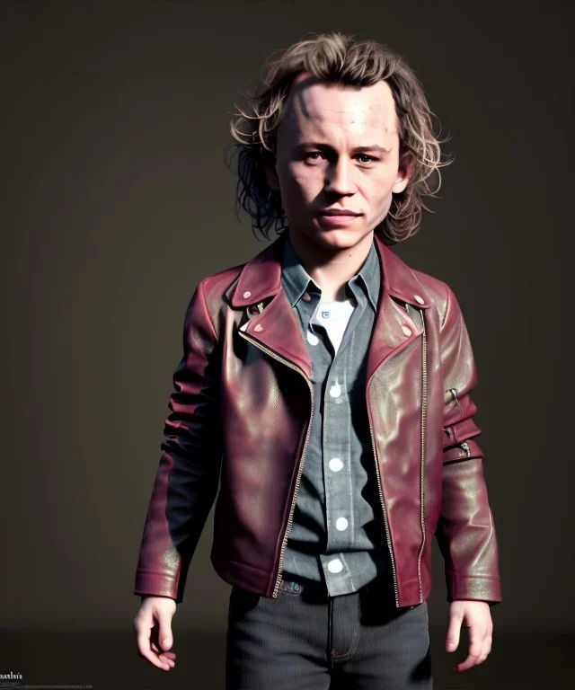 Heath ledger toddler, full body, leather jacket, floral shirt, soft skin, dramatic lighting, hyper realistic