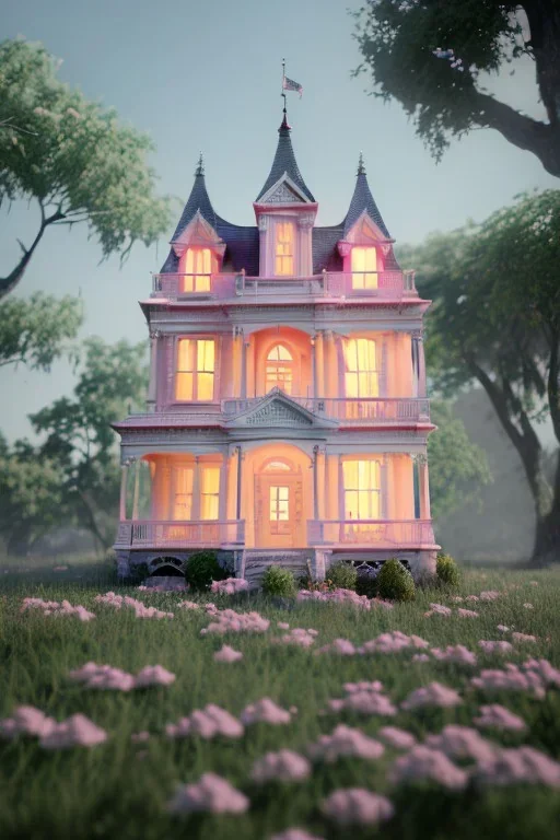 Victorian small white house with pink flowers, in the style of Camilla d'Errico, hyper detailed, beautiful, complex, trending on artstation, cinema4d, cryengine, national geographic photo, chiaroscuro