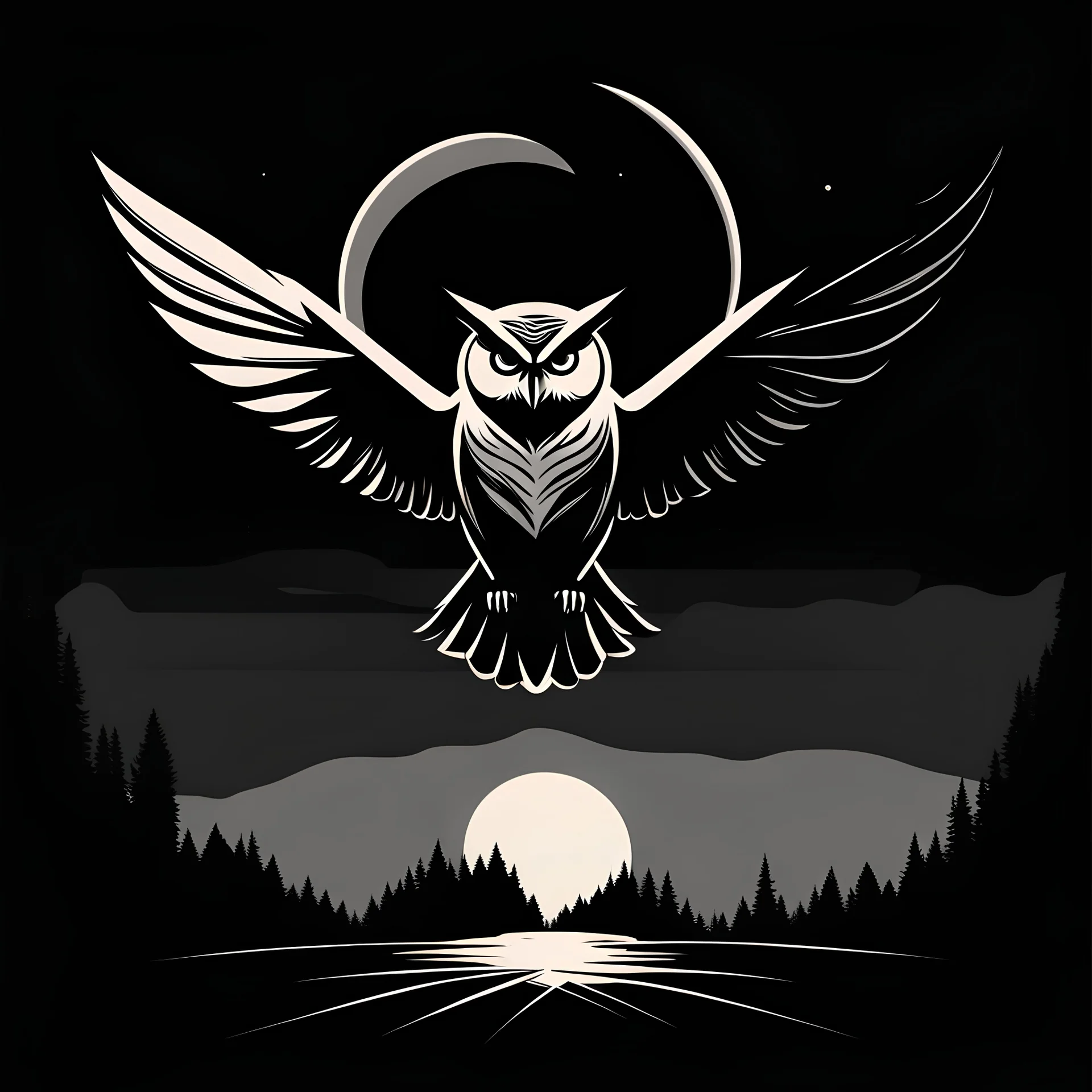 minimalist logo with one owl flying with the moon behind, in style if Saul Bass. Insane minimalism