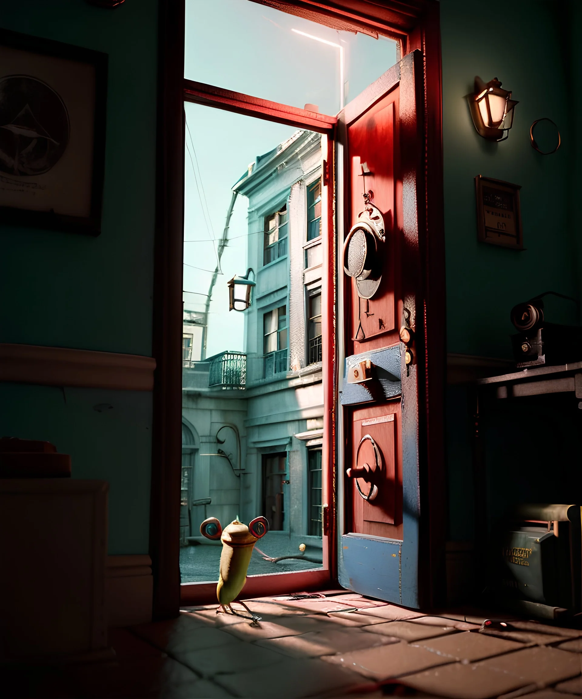 Wes Anderson photographer, night, monster peeking behind the ajar door, Ultra realistic, punk style, wide angle view, soft color, highly detailed, unreal engine 5, ray tracing, RTX, lumen lighting, ultra detail, volumetric lighting, 3d, finely drawn, high definition.