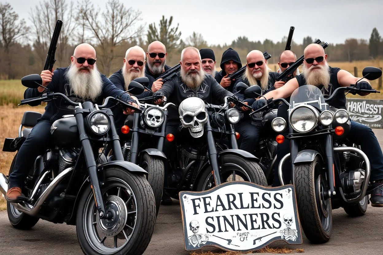 a very hard and tuff motorcycle bald gang, posing with their Harley Davidsson bikes, some of them holding guns and shotguns, a logo sign with Falköpings HD Club, "Fearless sinners" Skulls and bones, skeletons