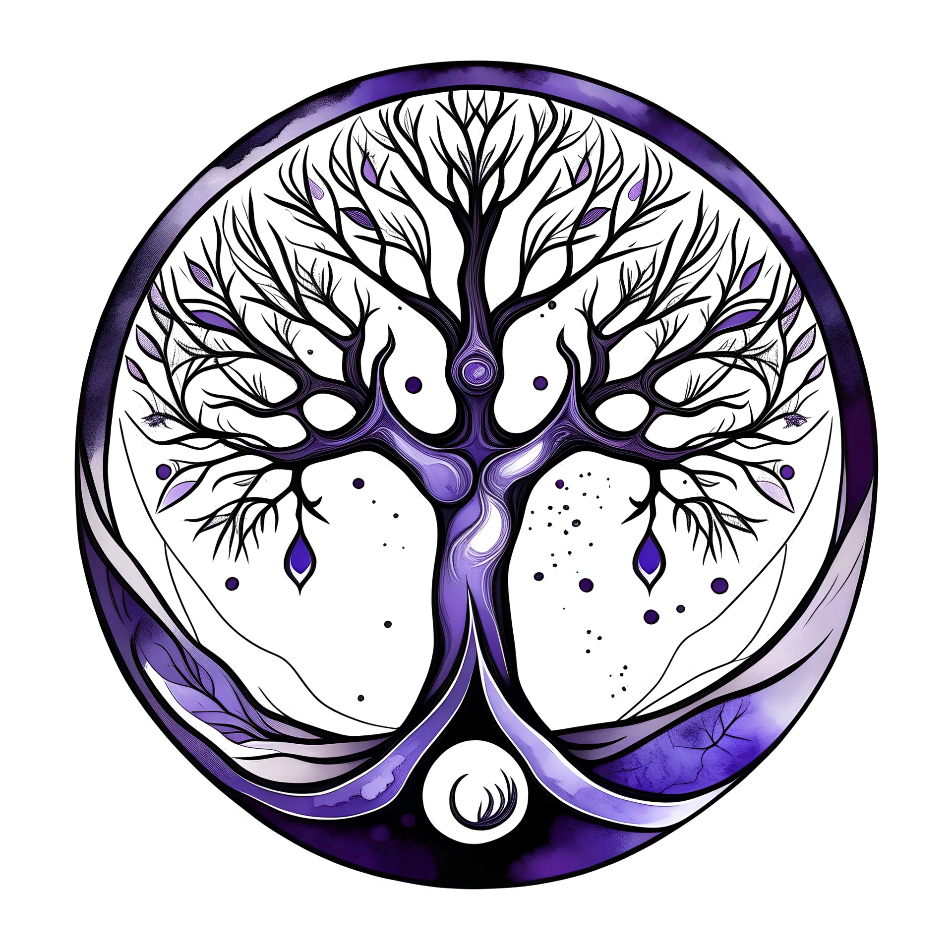 centered, logo with centered tree of life being held inside up turned hands, vector, with crescent moon, watercolors, purple, black