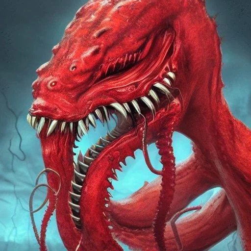 Red Tentacle monster with teeth, horror, detailed, realistic, gore, eyes, 4K, fantasy, scary, demonic, hyper realistic