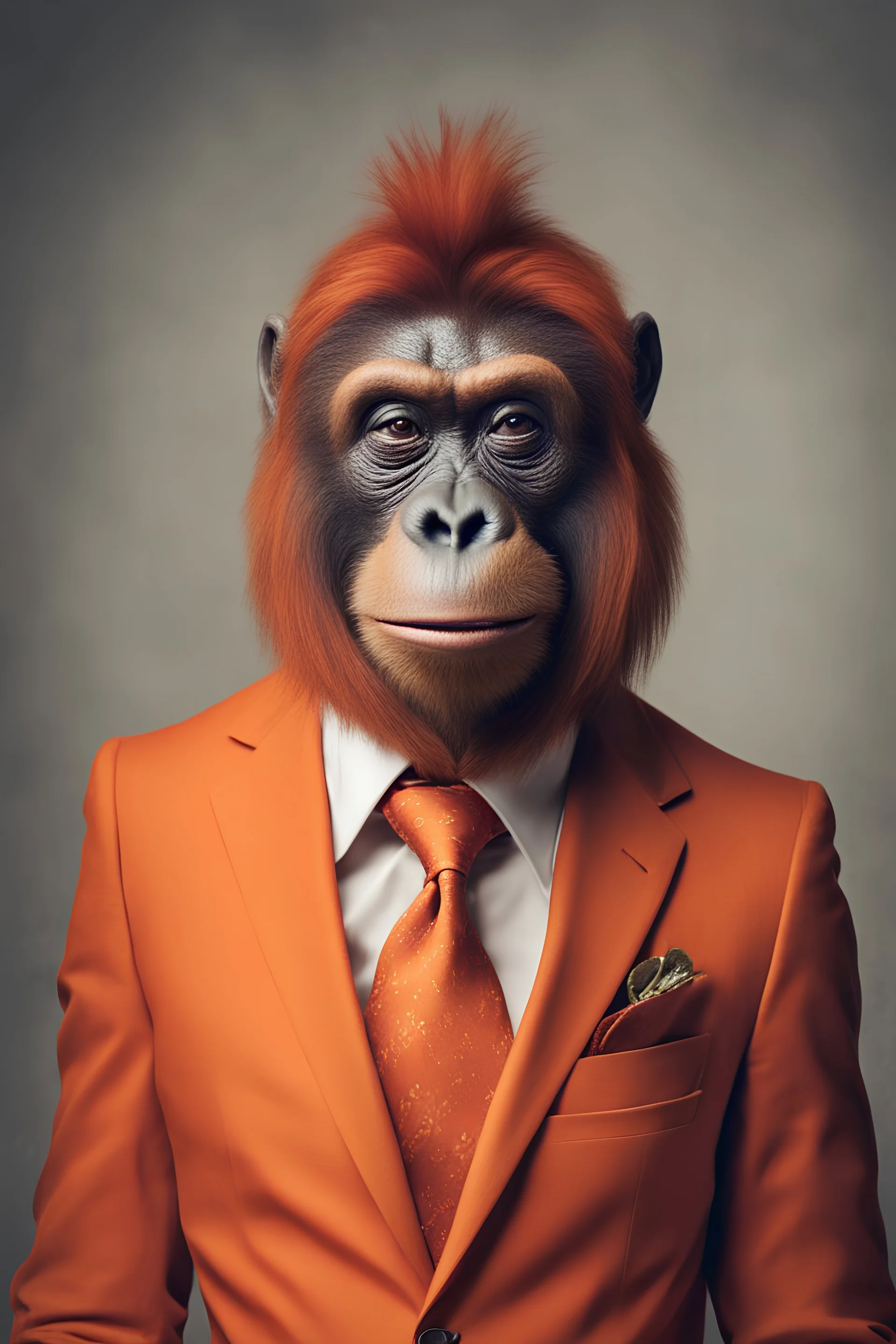 Orangutan dressed in an elegant orange suit with a nice tie. Fashion portrait of an anthropomorphic animal, monkey, posing with a charismatic human attitude