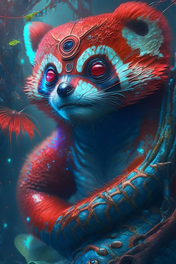 Red panda snake koala alien,FHD, detailed matte painting, deep color, fantastical, intricate detail, splash screen, complementary colors, fantasy concept art, 32k resolution trending on Artstation Unreal Engine 5