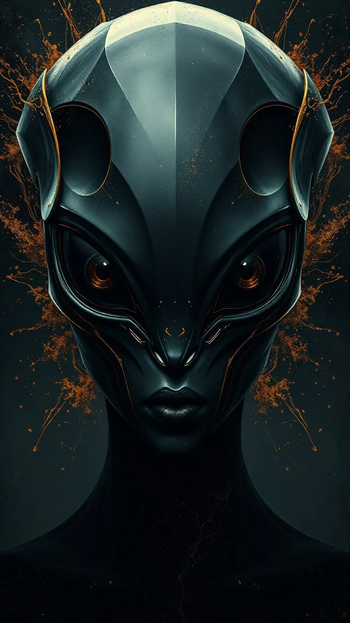 enigmatic alien face in the style of Bernie Wrightson, minimalism abstract black and gold, geometric surreal beautiful fashion portrait explosion splash art minimalist surreal ambient background surreal lonely depth deep soul spirit fantasy surreal geometry cinematic 8k epic movie still sharp focus hyperrealism painting concept art detailed character design matte painting leaf