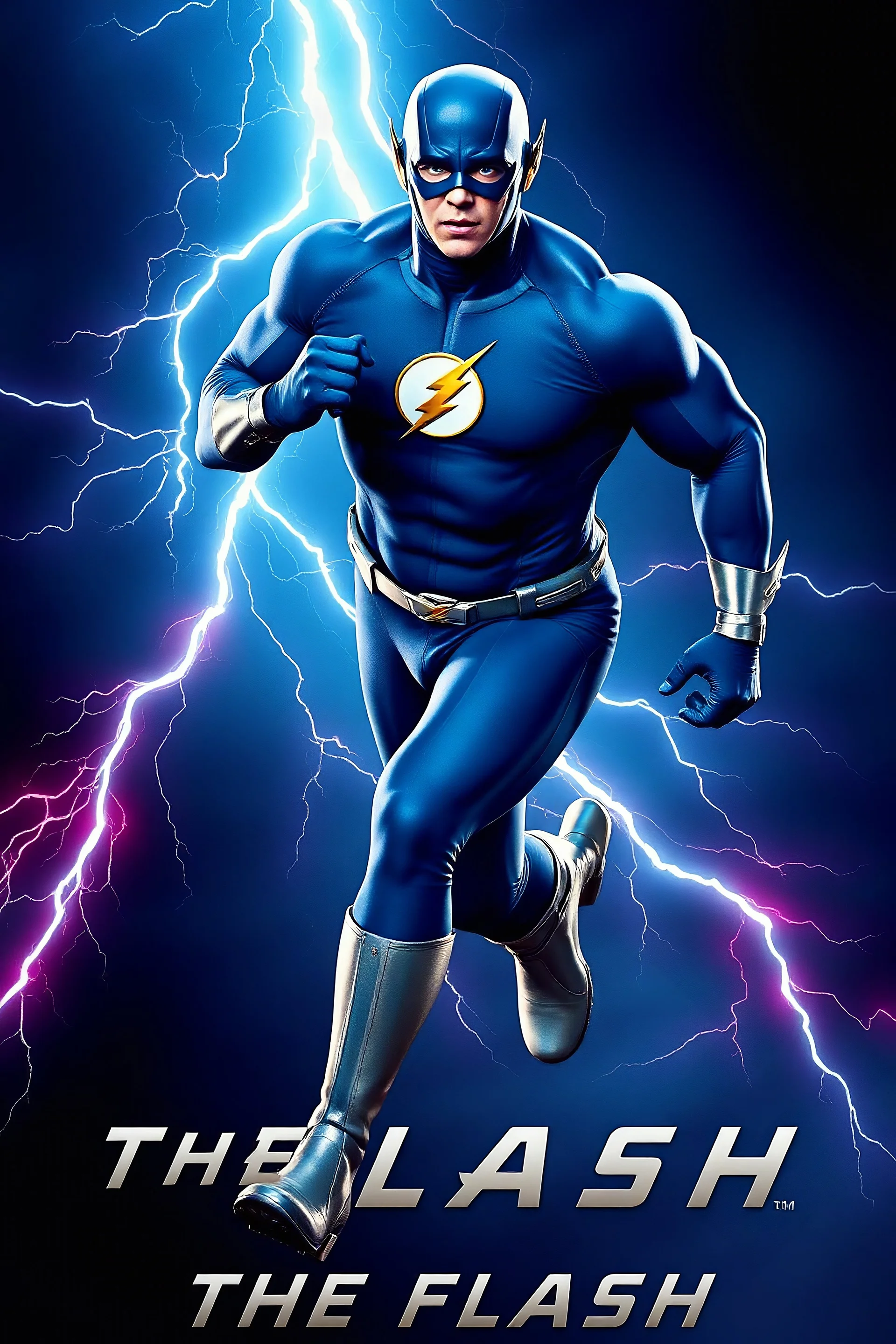 1/4 side view, looking at the viewer, Movie Poster - "THE FLASH" - A massive, thick, extremely muscular, 7'8" tall man, ((skintight, formfitting, long-sleeved, Blue spandex bodysuit:1.5)), ((Silver knee-high boots:1.5)), ((Silver wrist gauntlets, blue fingerless gloves, silver, double holstered utility belt:1.5)), ((skintight, formfitting, blue spandex helmet with blue eye disguise,:1.5)), Running, multicolored lightning emanating from his body, an overly exaggerated muscular stature