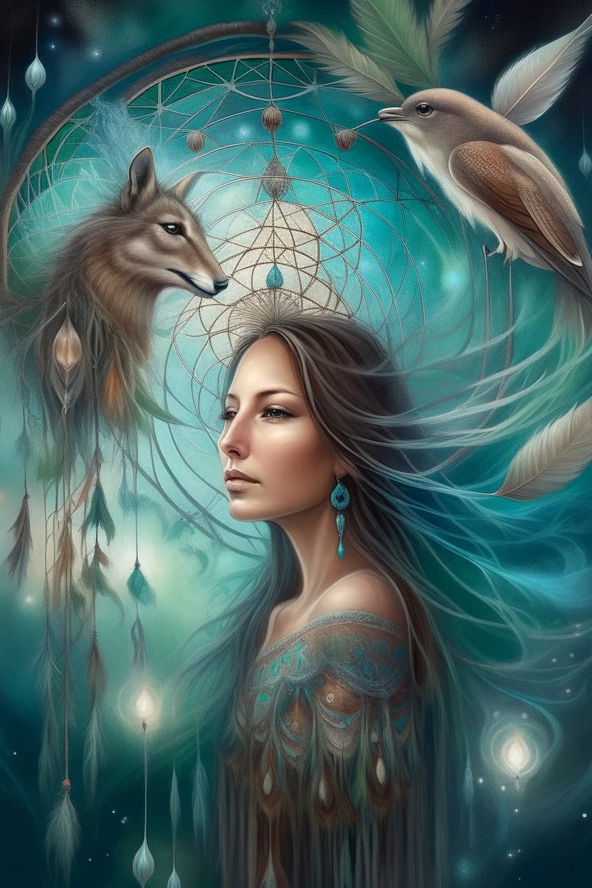 A portrait featuring surreal elements such as floating dreamcatchers, ethereal glow, or spirit animals, representing the subject's dreams or aspirations.