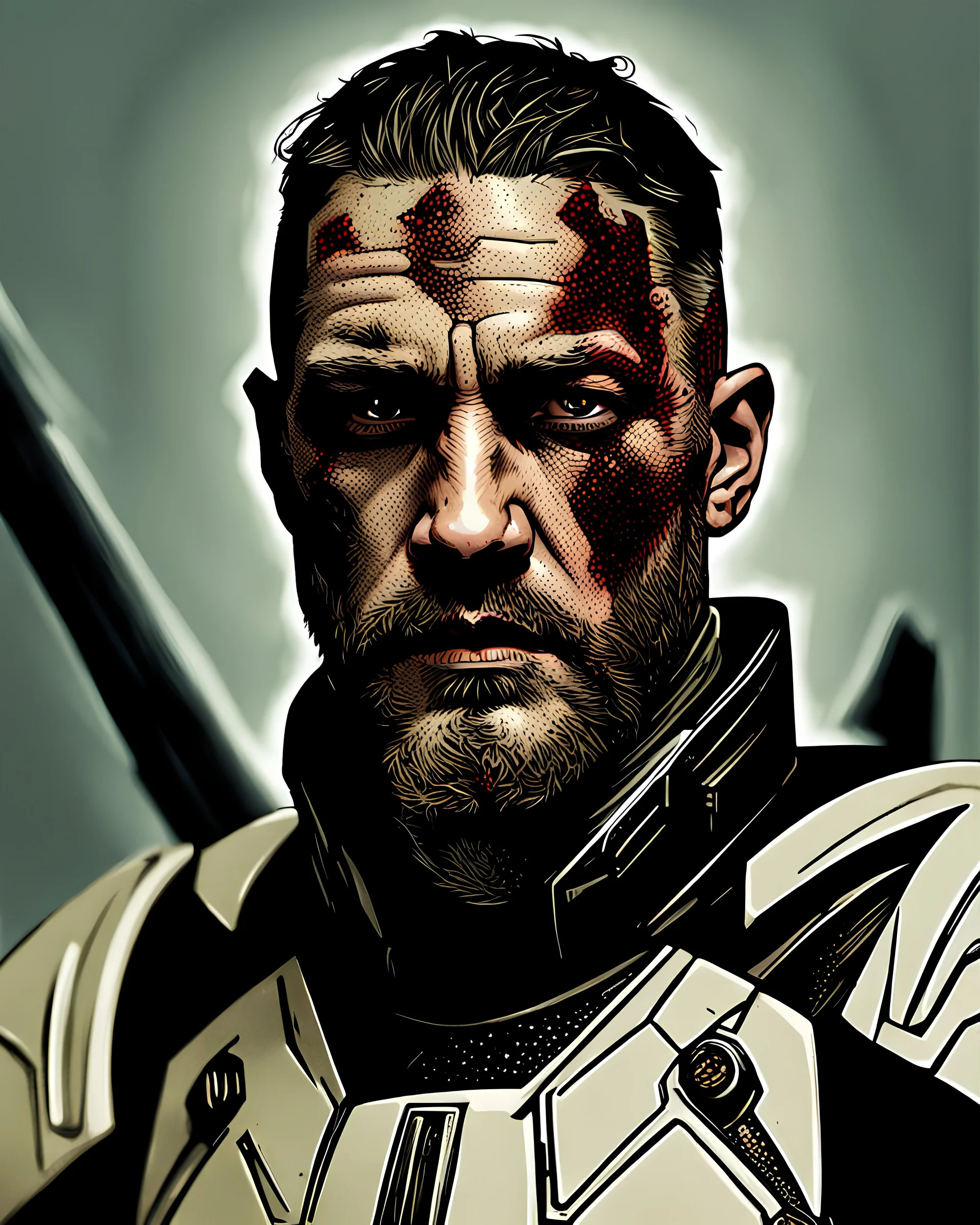 Portrait of a war hardened Jedi wearing scarred clone armor, Mid 30s, looks like older tom hardy