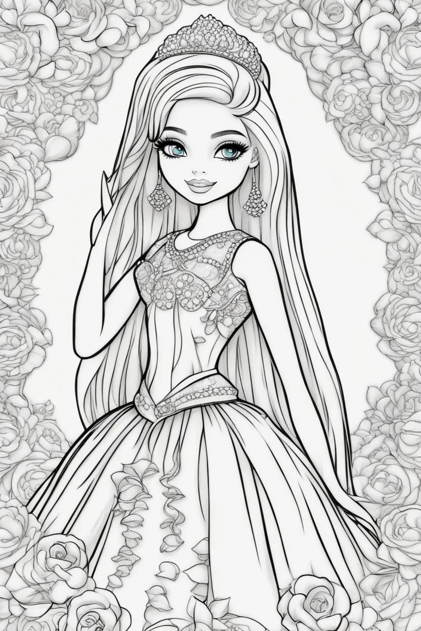 outline art for kids barbie coloring pages , no background, sketch style, full body, only use outline, mandala style, clean line art, white background, no shadows and clear and well outlined. should look exactly like barbie