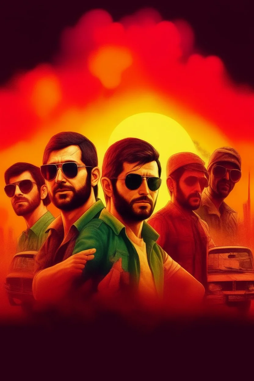 A poster of an arab movie, featuring a lot of arabs with sunglases, explosions, cars. The movie poster is in the style of indiana jones. Theres is a big title, rainbow colors. Takistan life, alpacino.