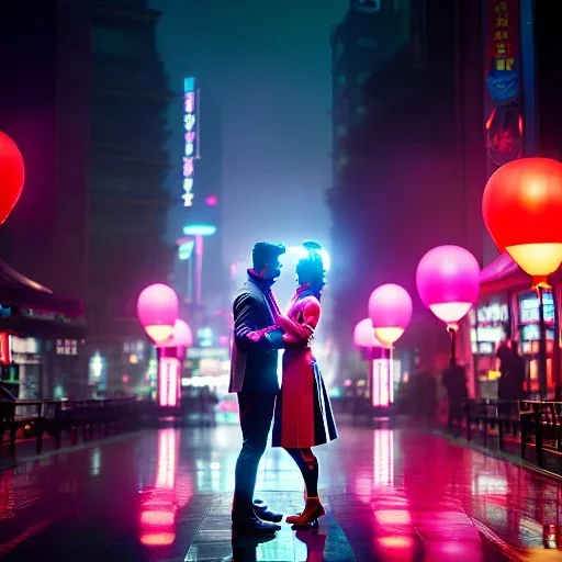 photo of a couple in an alternate universe in seoul; romantic; realistic; rain; neon signs, red balloons