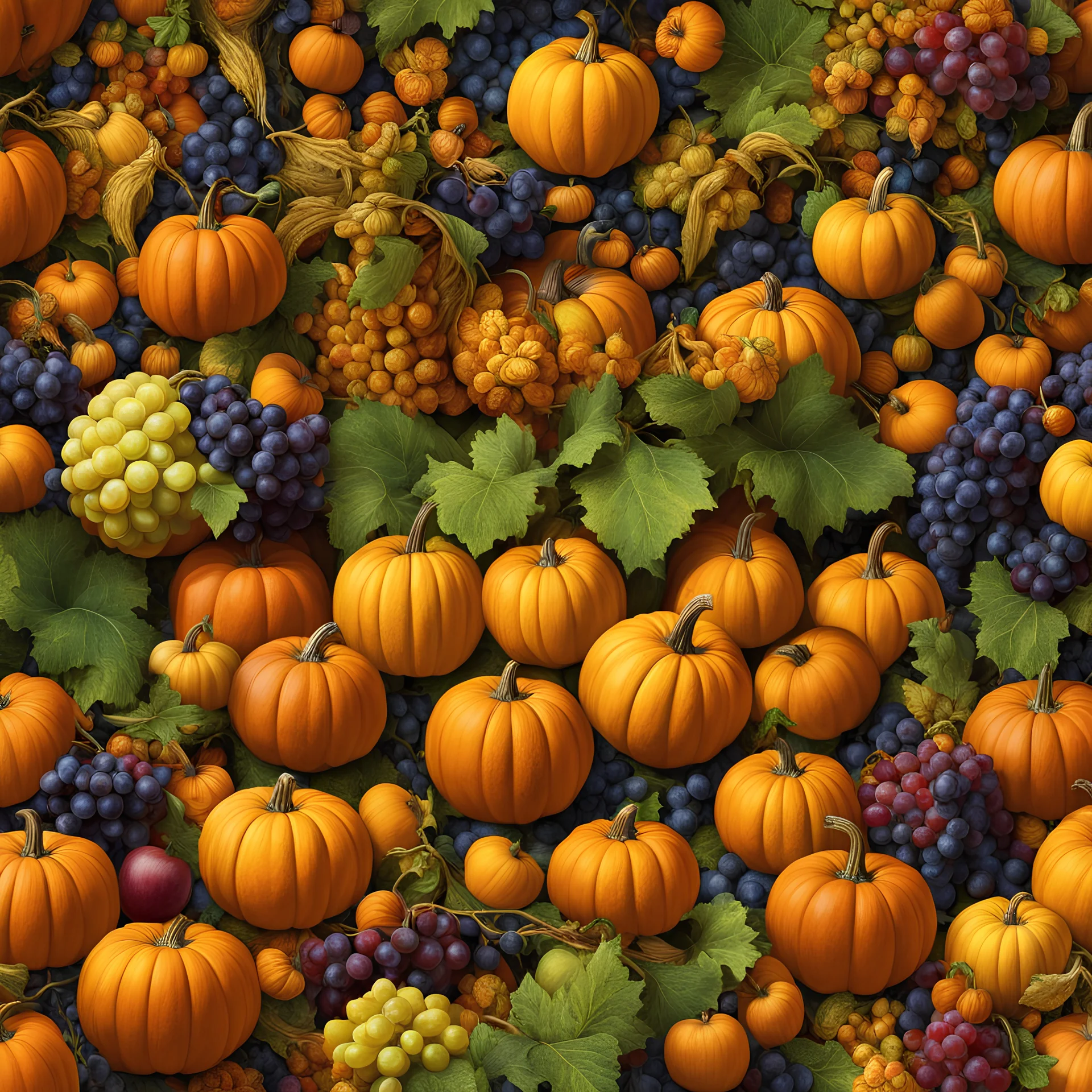 Paradise of pumpkins, apples, grapes, corn, and more,colorful8k resolution concept art,By Leonardo da vinci,Michelangelo,Raffaello deep color, daytime Lighting, digital illustration, 4K, Hyperdetailed, Intricate Details, 3D shading, Art of Illusion