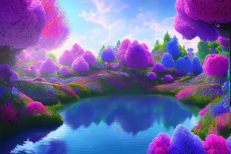 monde en fleurs, blue lake, flower tree-houses, concept art, crépuscule , fuksia bleu oranger, vibrant Color, réaliste, riviere bleu, tree-house bougainvillier, roses