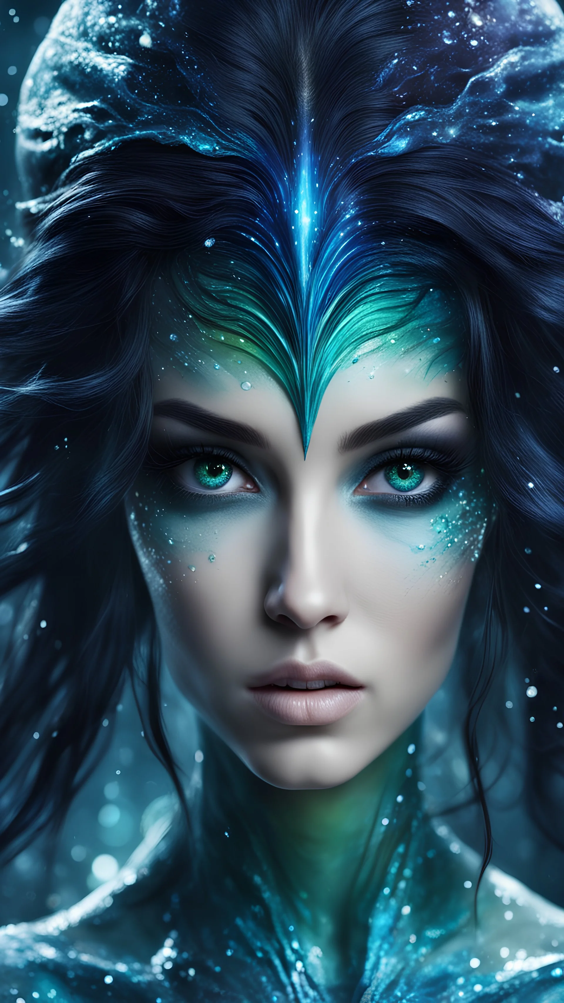 An alien look likes a human with very insane details, black hair and eyes like mermaids with 4k water colors