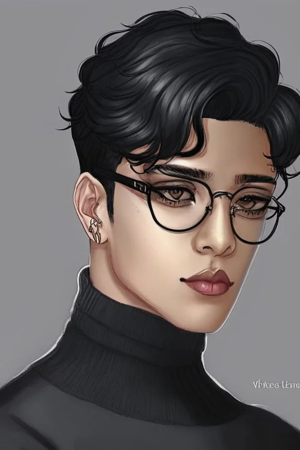 Short black hair, light skin, black skin tight turtle neck clothing, black round glasses, earrings, grey eyes, black eye shadow, round face, man