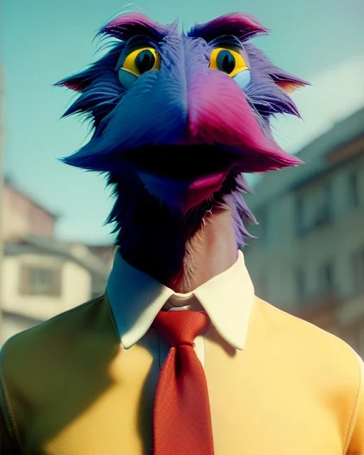 Realistic image, hybrid character, Sesame Street muppet head, man body, human arms and hands, Shirt and tie, Wes Anderson style, concept art, smooth, unreal engine 5, god lights, ray tracing, RTX, lumen lighting, ultra detail, volumetric lighting, 3d, finely drawn, high definition, 4k.