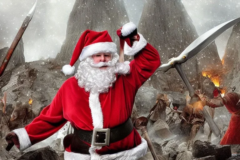 santa claus with battle axe invades Helm's Deep fire destruction