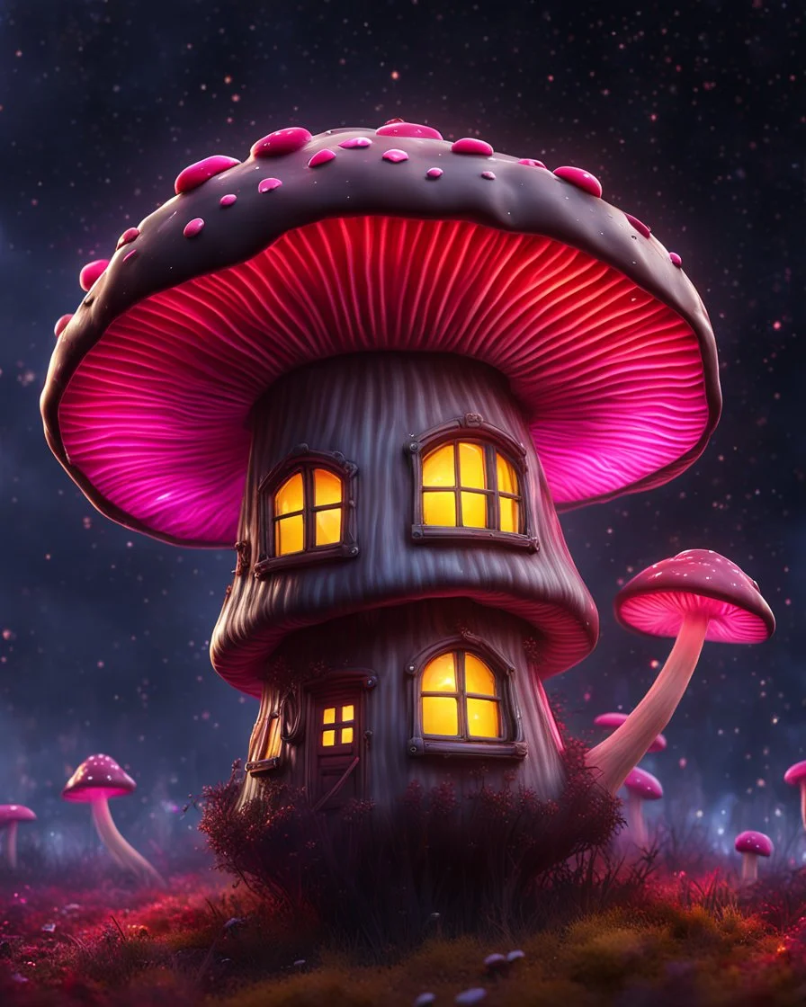 An illogically floating mushroom house on a clear night. white yellow pink red, Stars Dark cosmic interstellar. Detailed Matte Painting, deep color, fantastical, intricate detail, splash screen, hyperdetailed, insane depth, concept art, 8k resolution, trending on Artstation, Unreal Engine 5, color depth, backlit, splash art, dramatic, High Quality Whimsical Fun Imaginative Bubbly, perfect composition