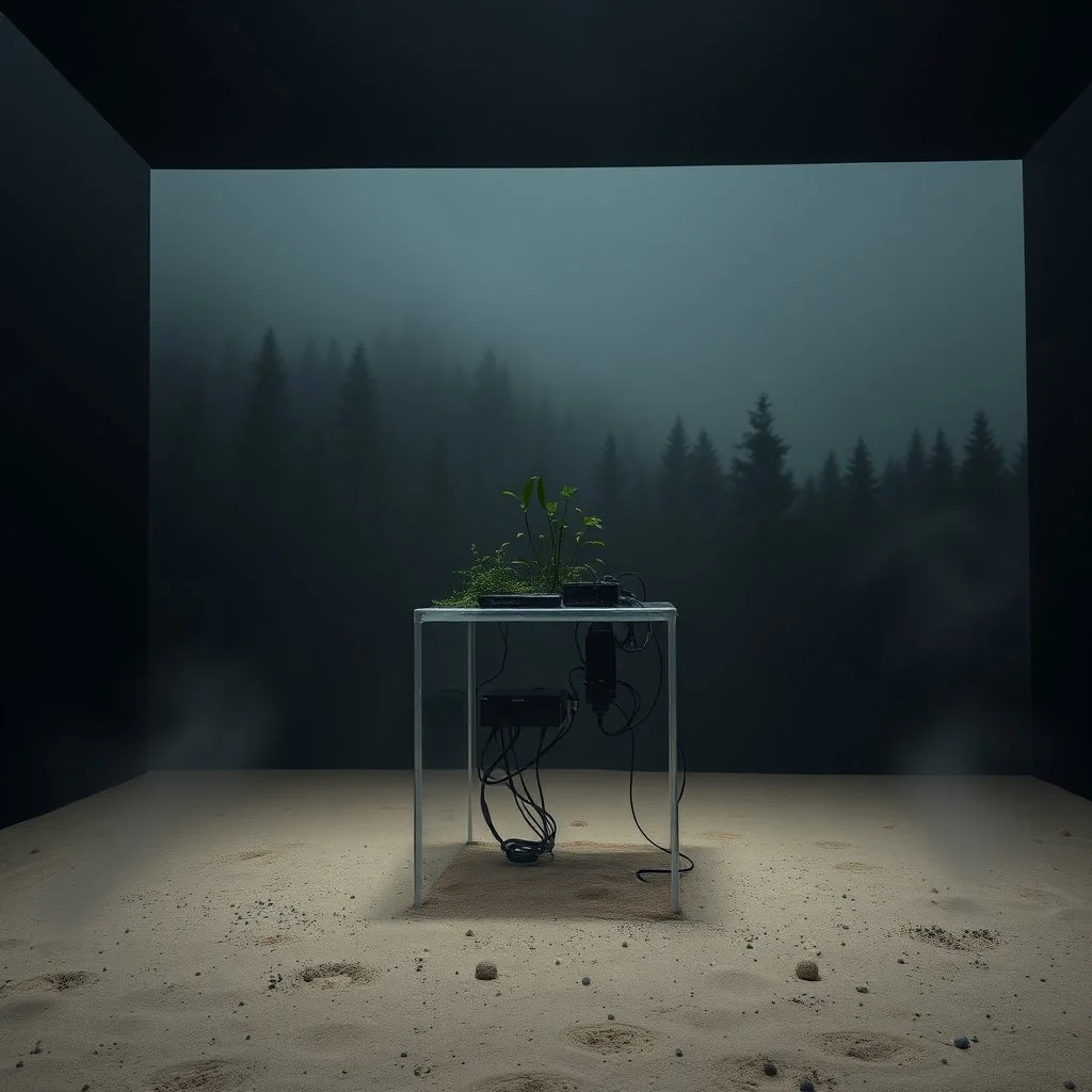 A photo of a closed environment in a dark closed space. In the background there is a forest. Più piani si intersecano. At the center, a structure made of plastic. Some electronical devices. Plants, clouds. The surface below appears to be sandy, with small accumulations of sand. Fog, powder. In the background, other forms or structures are visible, some of which are thin and transparent. The photo was taken with a Hasselblad H6D 400c camera.