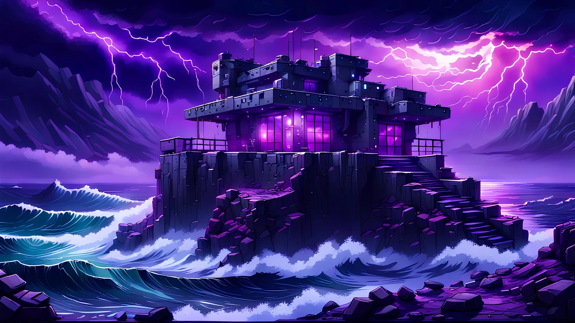 military outpost on a cliff overlooking the stormy seas, nighttime, storms, winter on the islands beyond the abyss, purple light in the windows, cyberpunk style