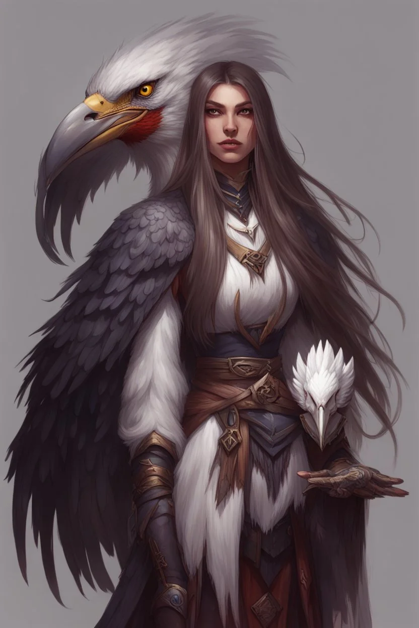 dnd female Aarakocra with long hair warlock