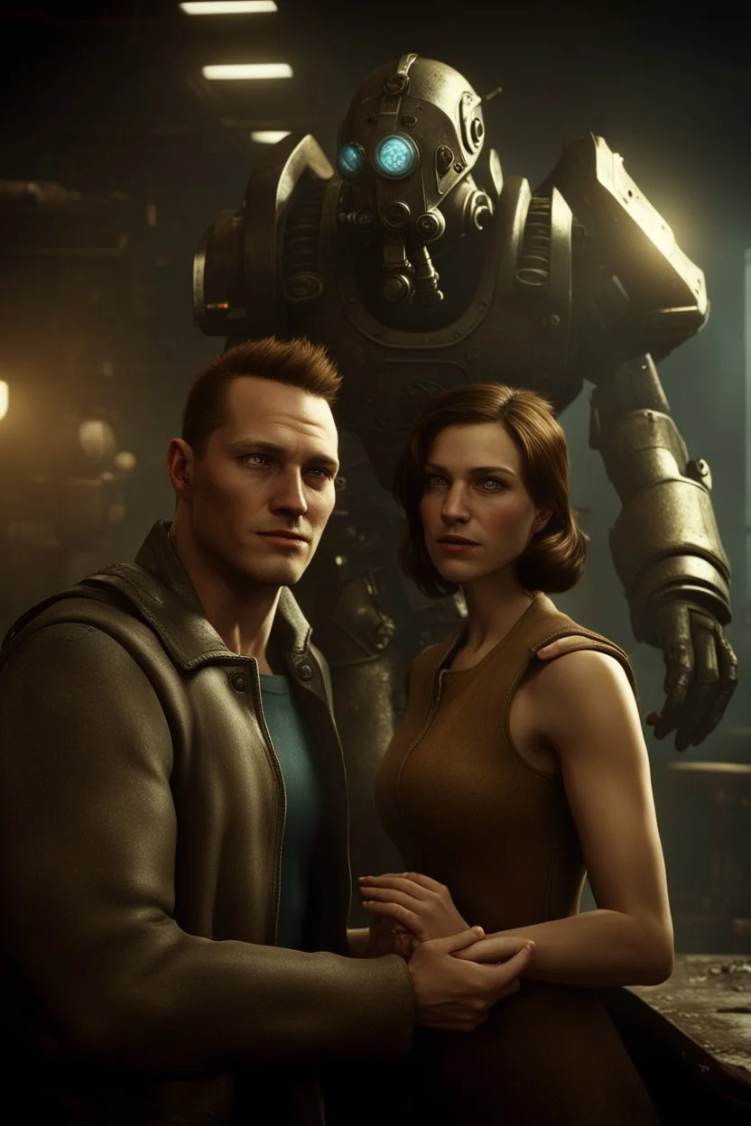 Nico Belic and woman in fallout 4 setting, bokeh, downlight, prize winning, depth of field, monster in background