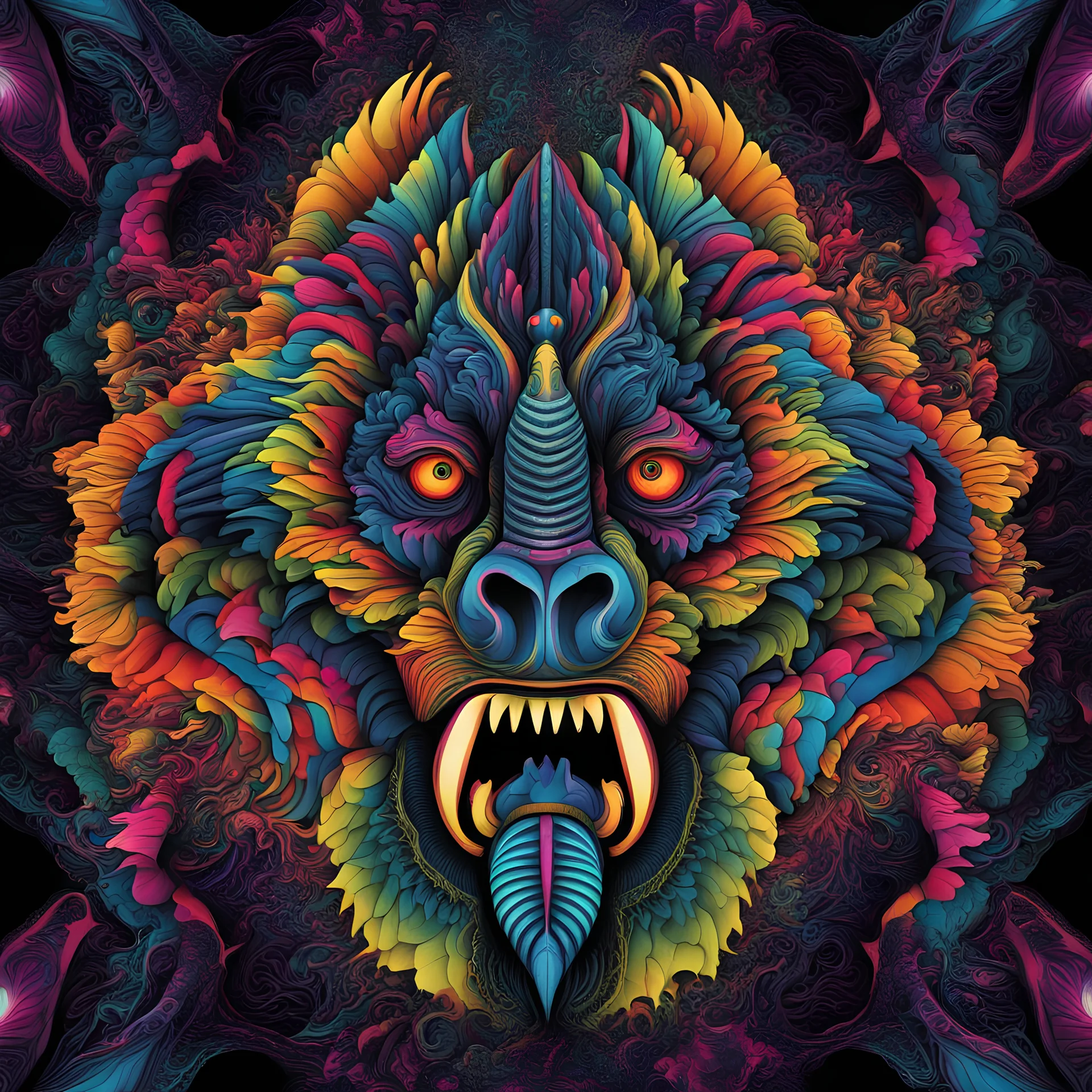 T-shirt design graphics on black background, Parametric structure, vivid colors, fluorescent, DMT, bioluminescent, frontal gorilla Head in mandelbrot style, Escher style, intricated details, cyberpunk, few colors, surreal, symmetrical, high contrast