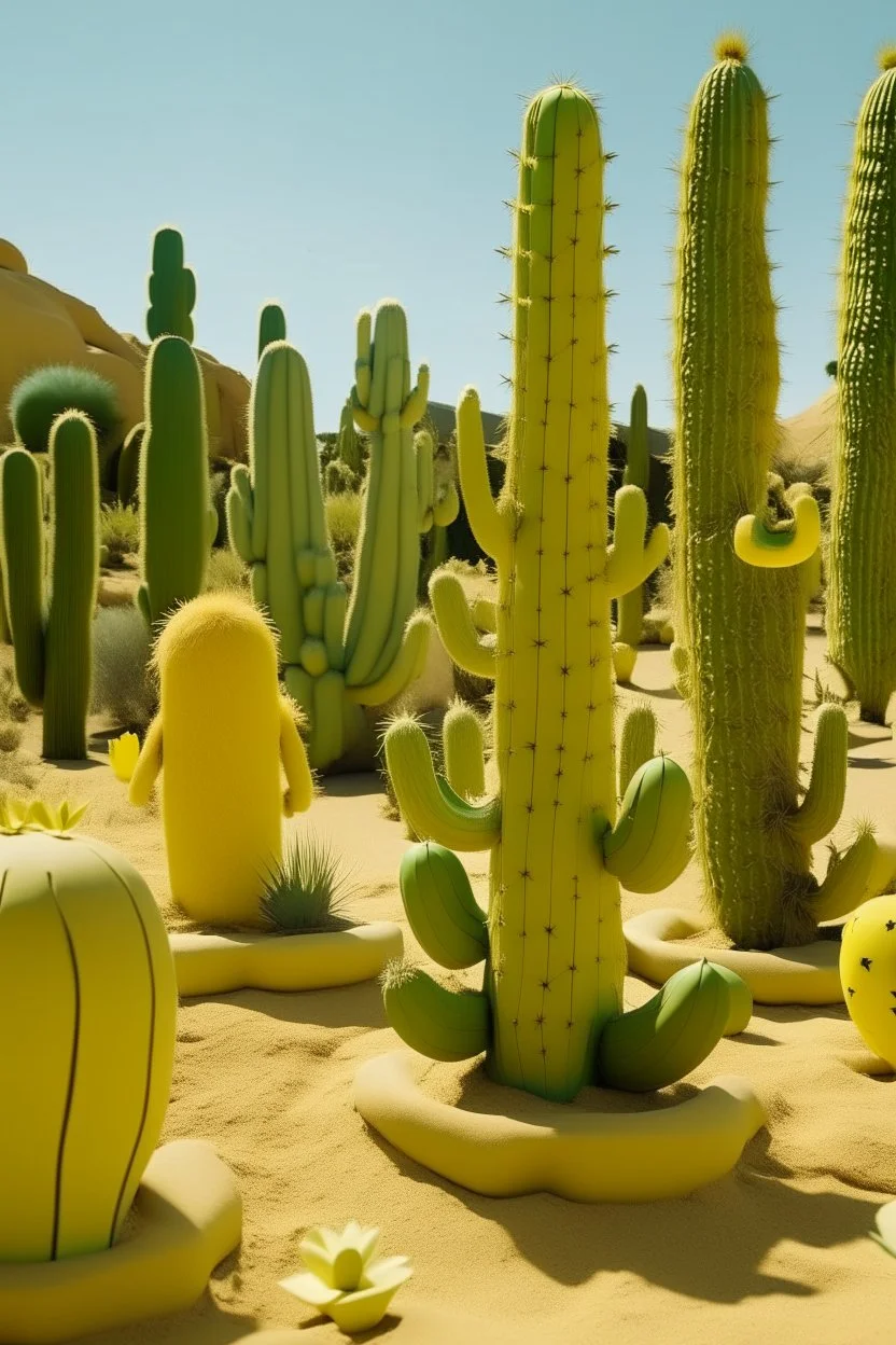 A pale yellow desert with cactus designed in Hawaiian tiki statues painted by Joan Miro