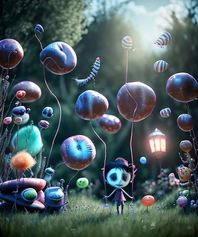 Tim burton photographer, Ultra realistic garden night scene, portrait, wide angle view :: child playing with feather pillows and sweet inflatable monsters, circus dress style, feather color, free jumping, many trinkets, hair monster, many jelly beans, balls, smile, extreme, wind, soft color, highly detailed, unreal engine 5, ray tracing, RTX, lumen lighting, ultra detail, volumetric lighting, 3d, finely drawn, high definition.