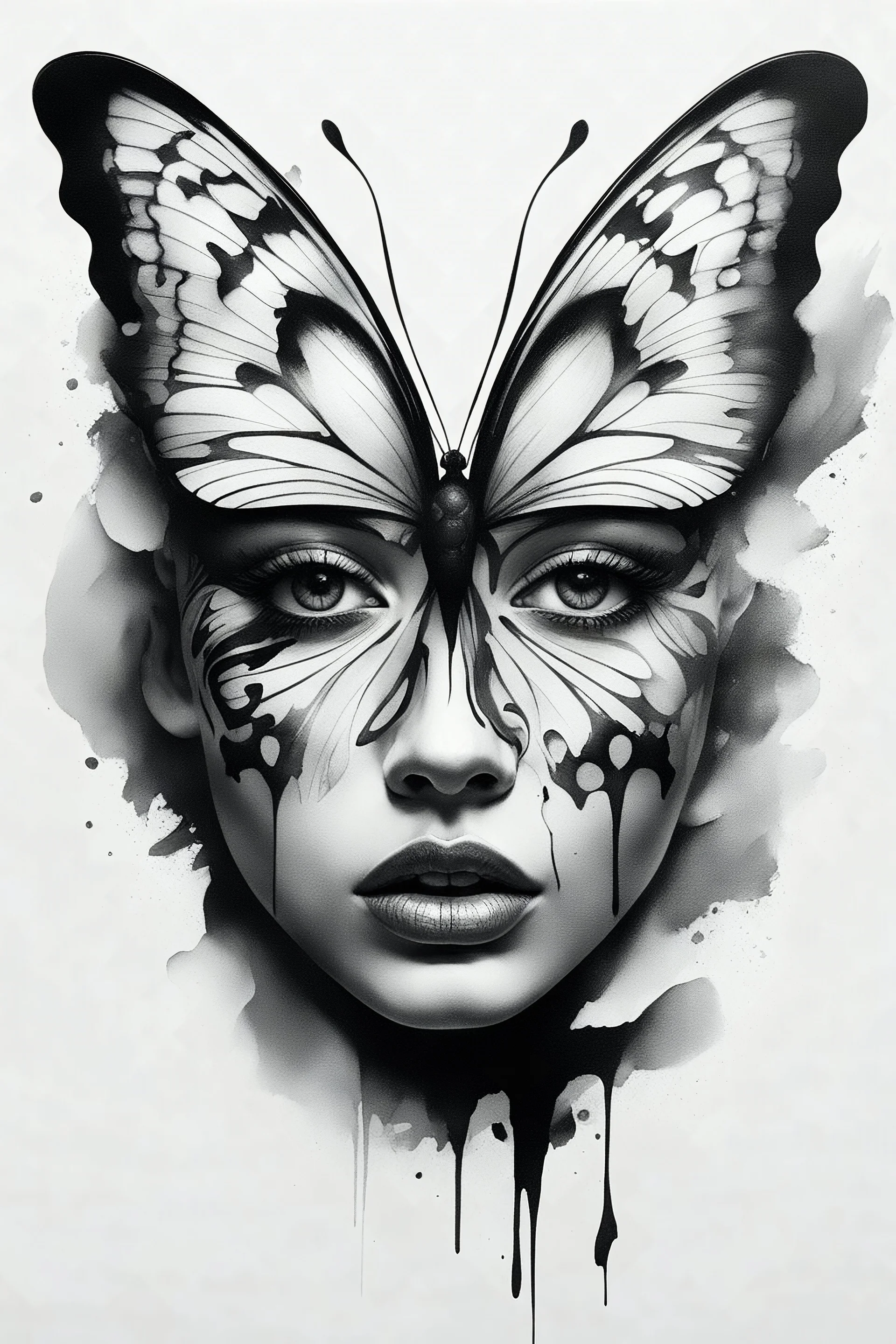A realistic drawing in negative space black ink on white background of a beautiful butterfly with abstract brushstrokes face tattoos to enhance her face max enrist