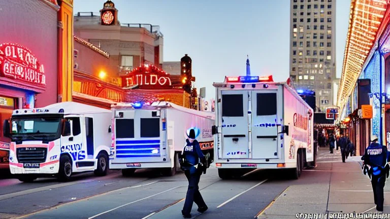 A police Tesla Cybertruck is chasing a Tesla 'Model S Plaid' at top speed, on the 'Pier 39', in San Francisco. CINEMATIC. WIDE ANGLE LENS.