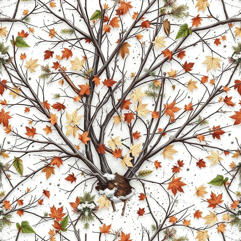 detailed Real Tree Camouflage made of bare bush branches, fir branches, dried maple leaves, snow and dirt, white background, seamless repeatable texture camo pattern, muted