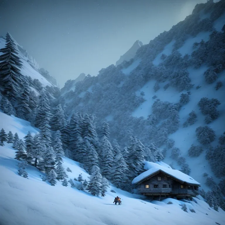 Five people inside a mountain hut, sense of fear, Alps, night, 8k, HD, cinematography, photorealistic, Cinematic, Color Grading, Ultra-Wide Angle, Depth of Field, hyper-detailed, beautifully color-coded, insane details, intricate details, beautifully color graded, Cinematic, Color Grading, Editorial Photography, Depth of Field, DOF, Tilt Blur, White Balance, 32k, Super-Resolution, Megapixel, ProPhoto RGB, VR, Halfrear Lighting, Backlight, Natural Lighting, Incandes