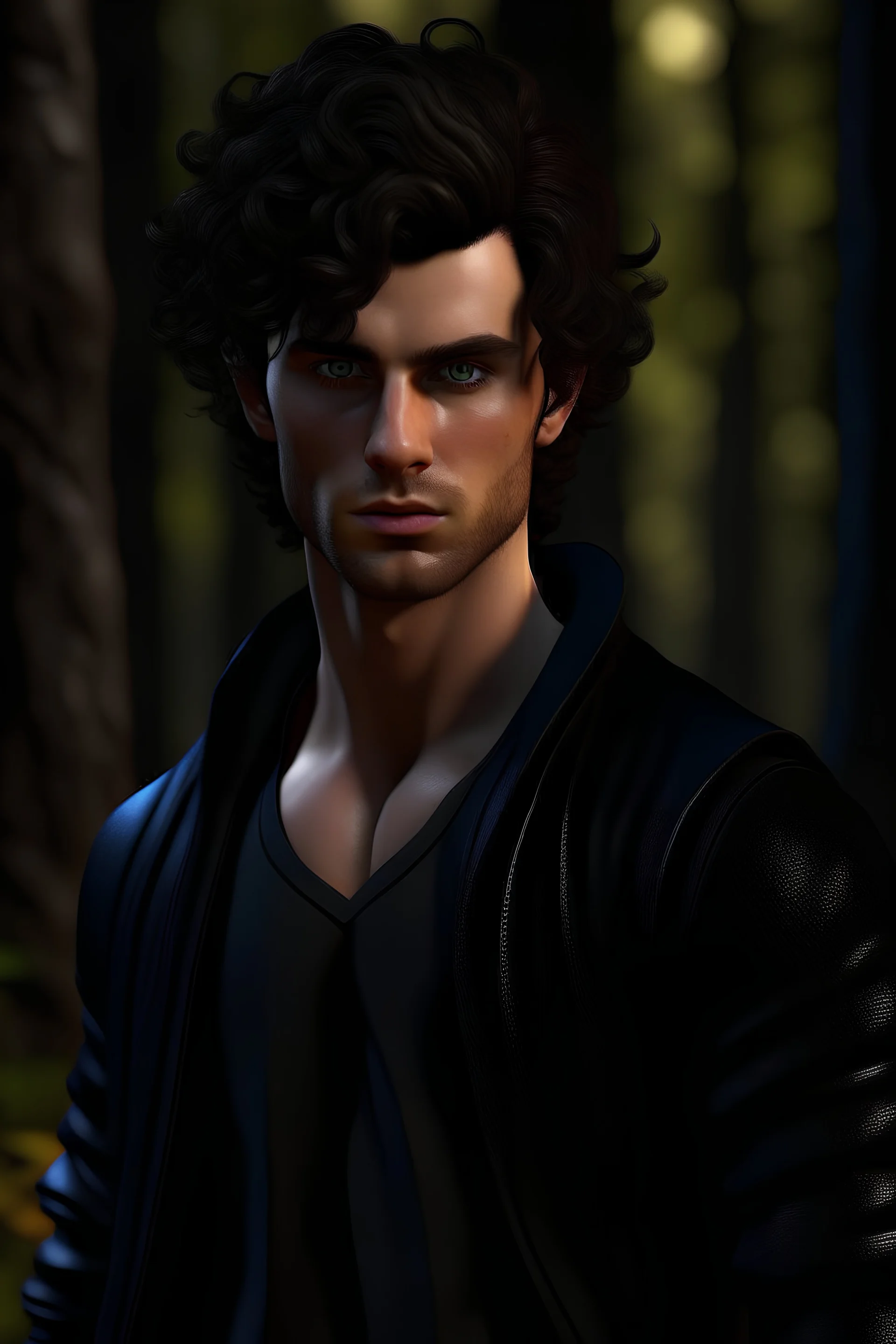 Realistic Bad Boy Alpha standing in the wood with black clothes. He has no beart and a sharp jawline and a pointy nose. He has Blue eyes and dark Brown Curly Hair. He has muscles and looks dangerous but also kind.