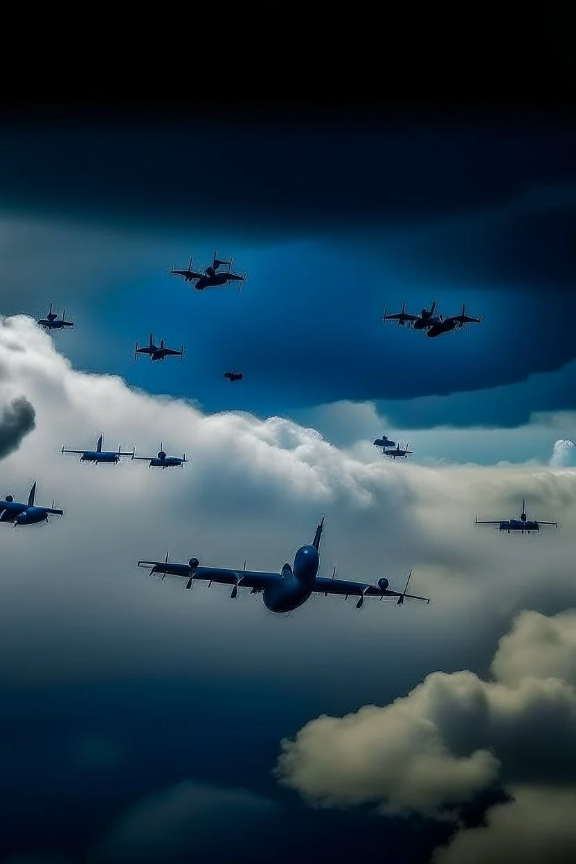 Looking up above in the The cloudy stormy sky filled with a lot of Boeing B-52 Stratofortress shadows over head view