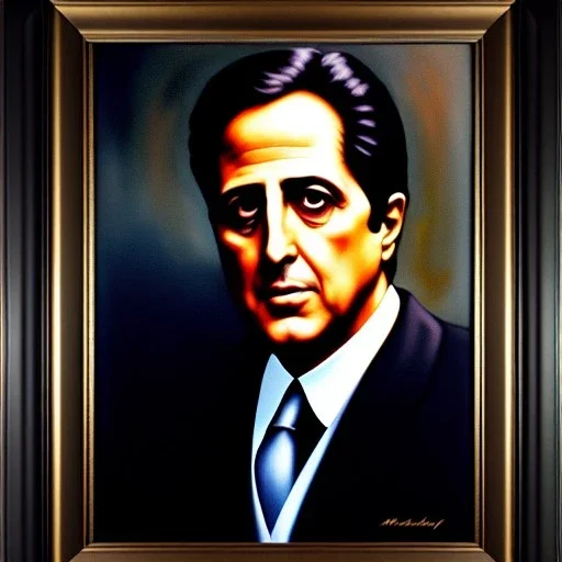 Ultra detailed fullbody Portrait in oil on canvas of Michael Corleone ,extremely detailed digital painting, extremely detailed face,crystal clear Big Glowing eyes, mystical colors ,perfectly centered image, perfect composition, rim light, beautiful lighting, 8k, stunning scene, raytracing, anatomically correct, in the style of robert e howard and Ken Kelley and Ohrai Noriyoshi and Simon Bisley and tomzj1