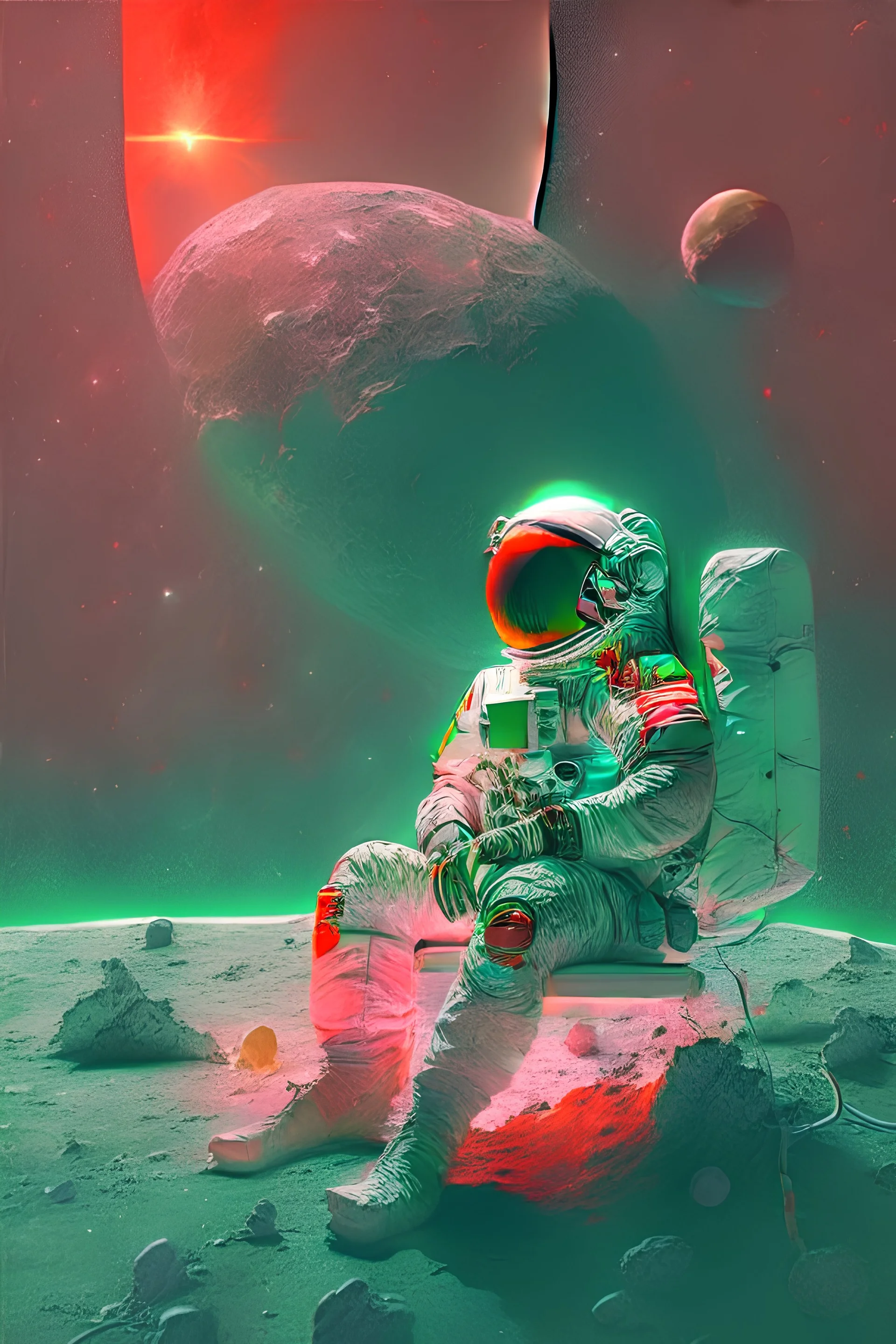 Astronauta con traje de color verde oscuro, visor de color rojo, sentado sobre un asteroide, flotando en el espacio, sin rumbo, con el Sol a la izquierda de fondo.