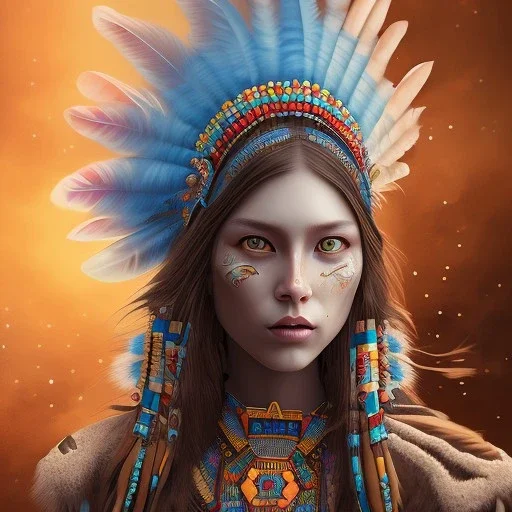 war painted pueblo Indian female,detailed eyes, blue eyes,, disturbed expression.intricate detaile,thnically accurate face, intricate head dress,detailed turquoise jewelry, detailed hair, detailed feathers, use dynamic palette, accurate proportions, high contrast black smokey bokeh background.studio ghibli,andrea bonelli, style.