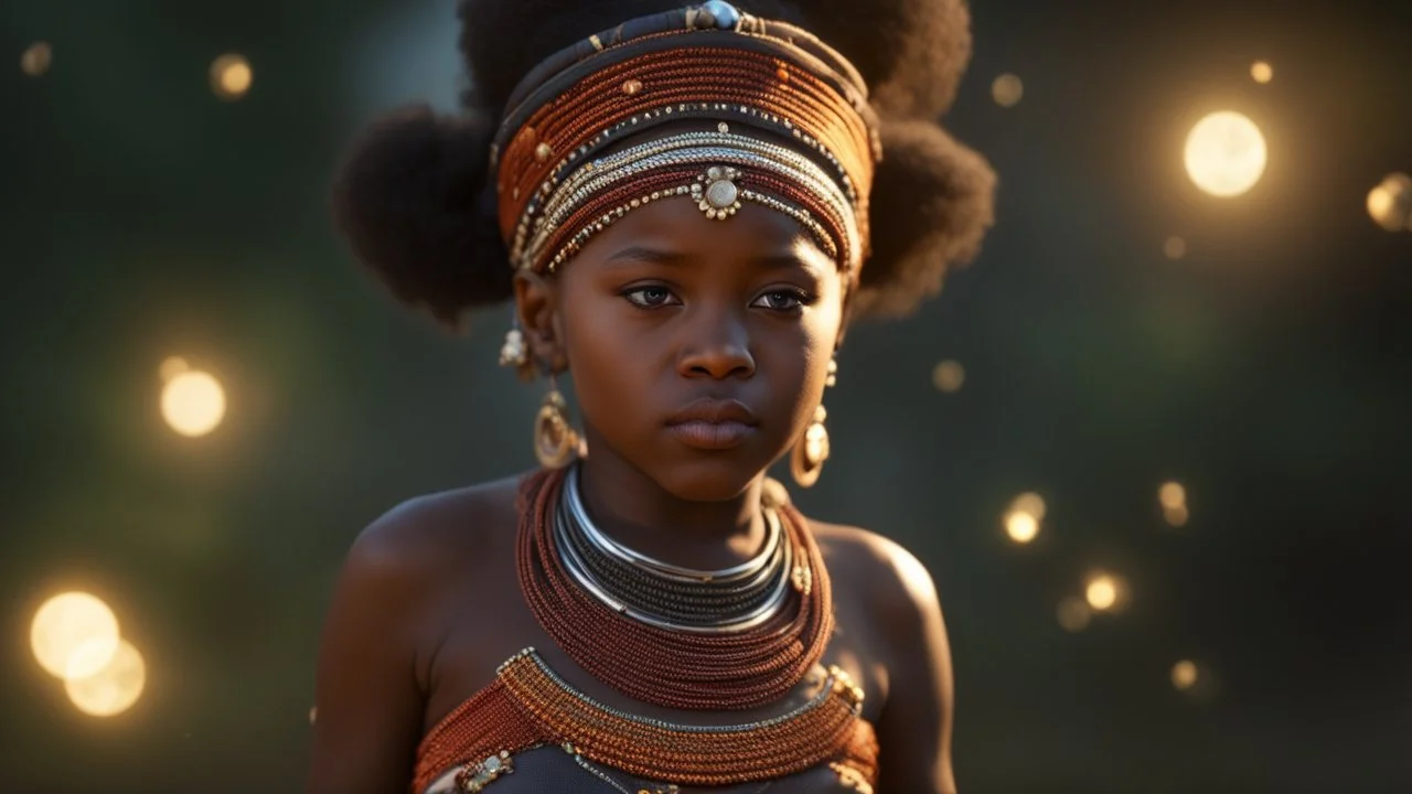 little very young Zulu girl, peaceful, gentle, confident, calm, wise, facing camera, head and shoulders, traditional Zulu costume, perfect eyes, exquisite composition, night scene, fireflies, moon, stars, beautiful intricate insanely detailed octane render, trending on artstation, 8k artistic photography, photorealistic concept art, soft natural volumetric cinematic perfect light, chiaroscuro, award-winning photograph, masterpiece, Raphael, Caravaggio, Bouguereau, Alma-Tadema