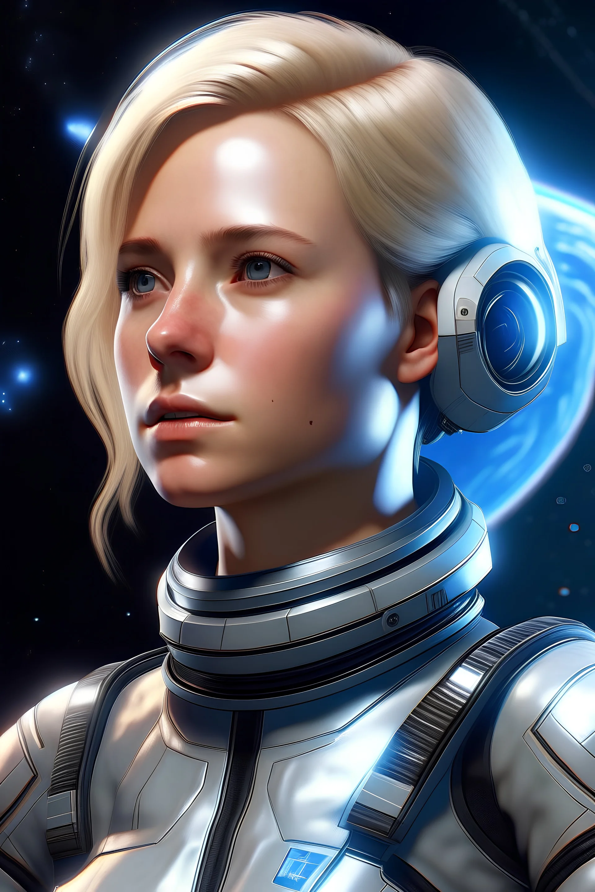 cosmos woman, blondhair, photorealistic, wet skin, space uniform, tanned skin, neckband,