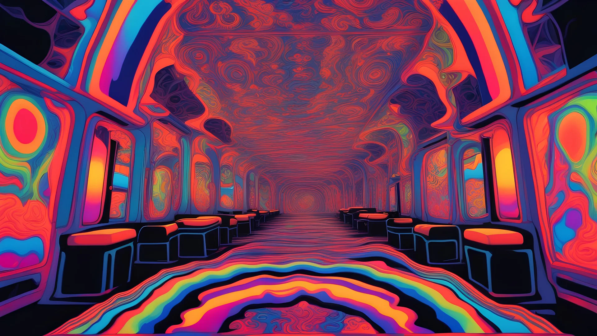 a medium prompt of a blacklight room of psychedelia after taking DMT, vibrant colors, swirling patterns, intense visuals, kaleidoscope, neon lights, mind-altering experience