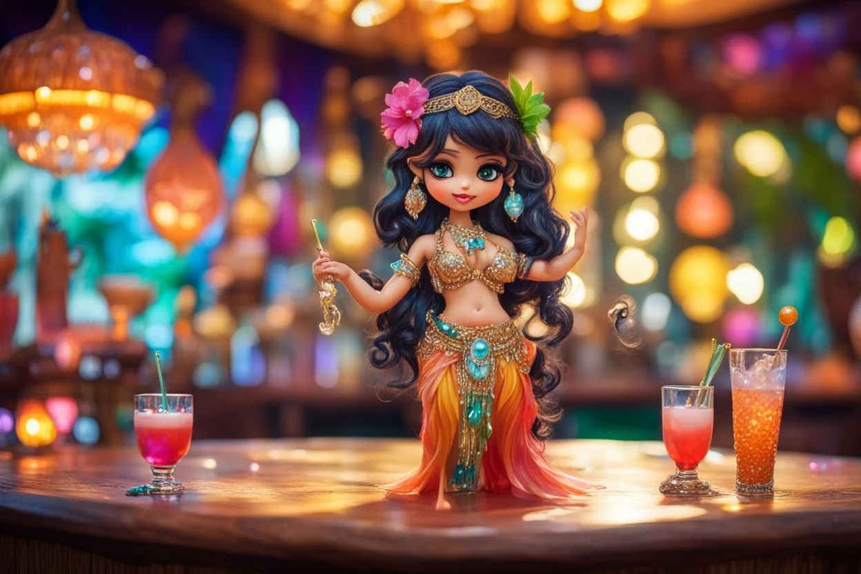 Coloured glass cute chibi belly dancer in the tiki bar with cocktails set with gemstones, glittering metal stems and gemstone leaves on a room table sharp focus elegant extremely detailed intricate very attractive beautiful dynamic lighting fantastic view crisp quality exquisite detail gems and jewels S<AI in sunshine Weight:1 Professional photography, bokeh, natural lighting, canon lens, shot on dslr 64 megapixels sharp focus Weight:0.9