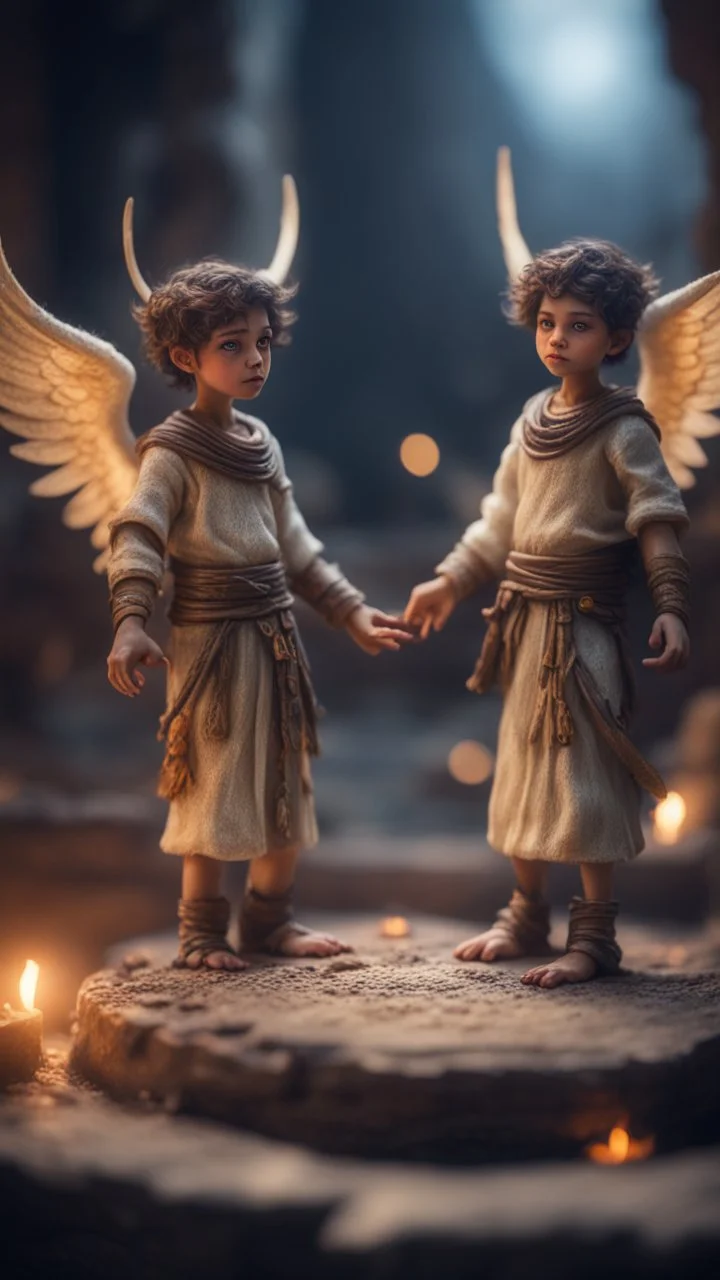 Harut and Marut are a pair of angels now confined in a dark pit well. They are said to tempt humans by teaching them the arts of sorcery, bokeh like f/0.8, tilt-shift lens 8k, high detail, smooth render, down-light, unreal engine, prize winning