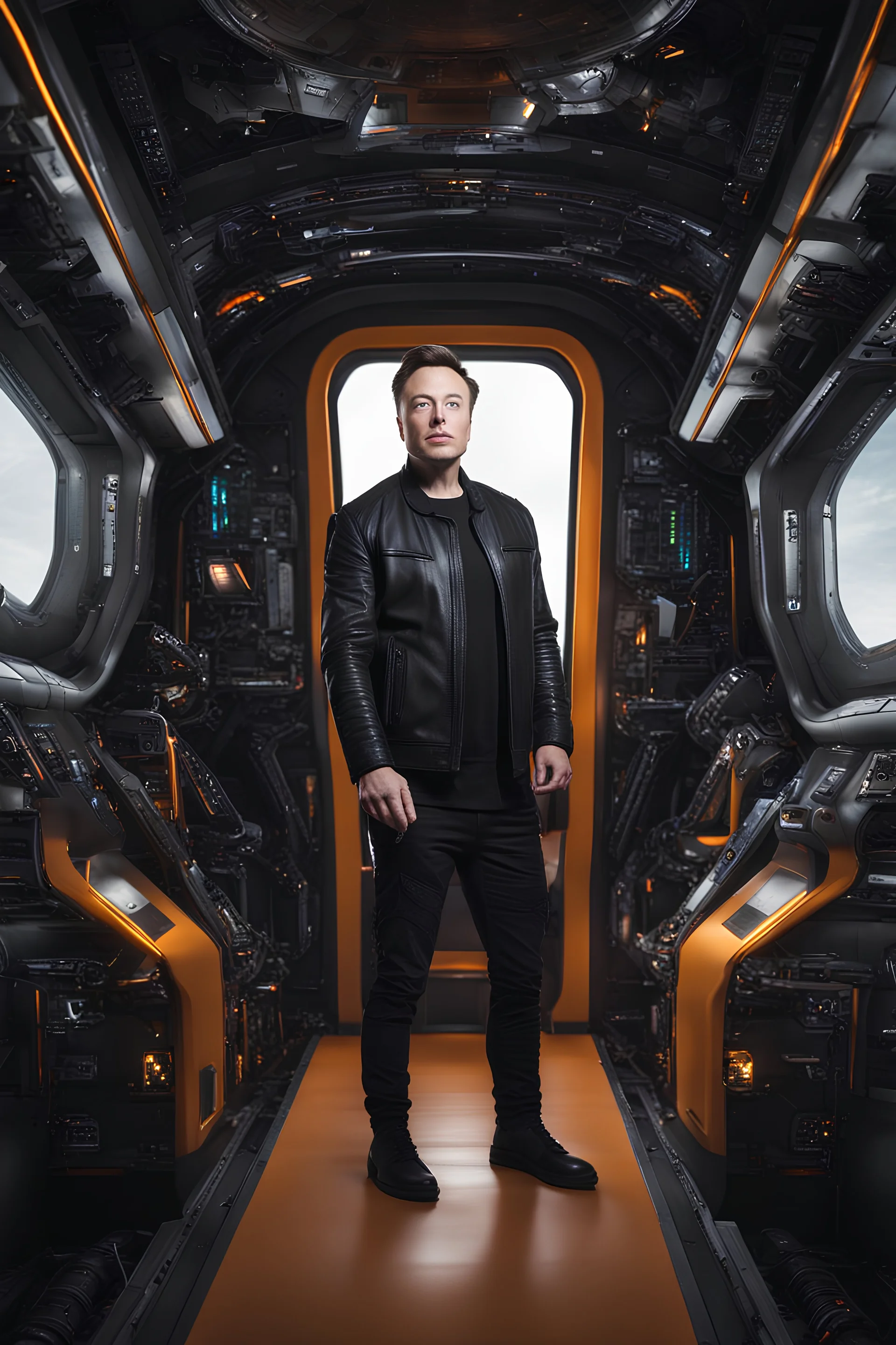 "Ultra realistic full body shot a elon musk in space ship concept, looking at the camera,full legs, cyberpunk, neo-figurative,concept ,full length view, face , full size, science, technology,future,electric ,futuristic style, design, practicality,manufacturability,performance, HOF, professional photographer, captured with professional DSLR camera, trending on Artstation, 64k, full size, ultra detailed, ultra accurate detailed, bokeh lighting, surrealism, background, detailed