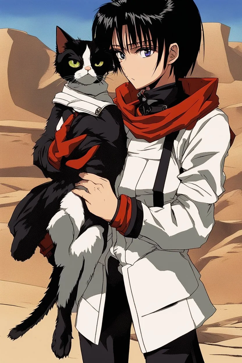 Meryl Stryfe Trigun young girl short black hair anime white clothes standing in the desert with a cat in her arms