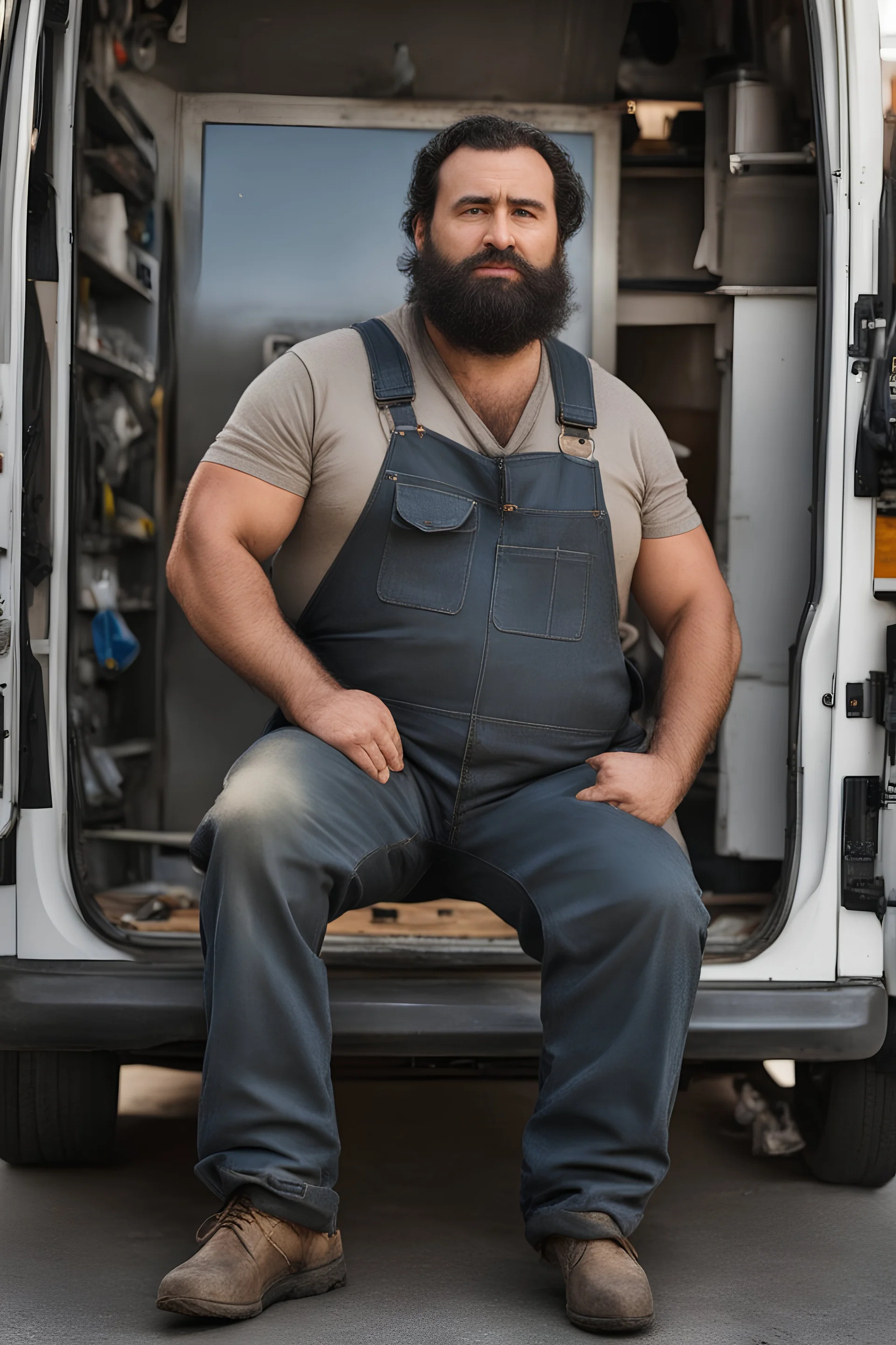 close up photography of an ugly 36 year old chubby robust burly turkish plumber, wearing his work unbuttoned bulging overalls, bulge, leaning with his back to his van, arms folded and emotive look, ajar mouth, hairy chest, , very virile, short black beard, shaved hair, sweat, , in a sunny street, photorealistic , frontal view from the ground