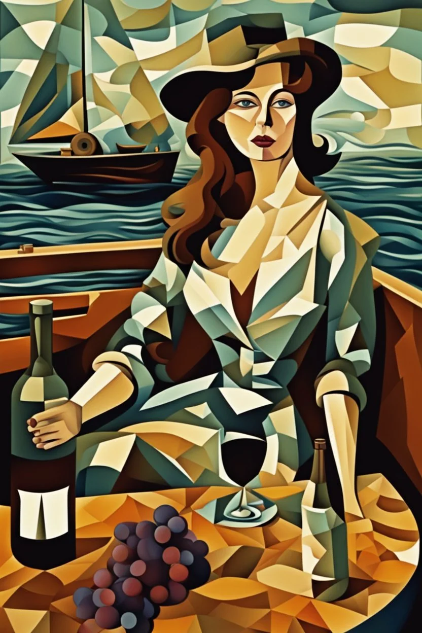 A Woman with pistol and a table bottle of wine on a boat digital art, cubism style