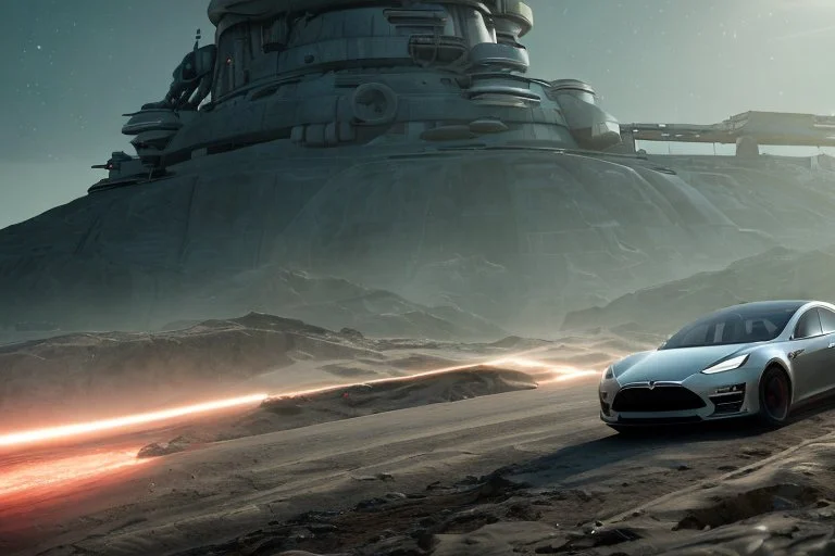 A Tesla 'Model Y' is racing at top speed, within the trench of the Death Star. (CINEMATIC, WIDE ANGLE LENS, PHOTO REAL)