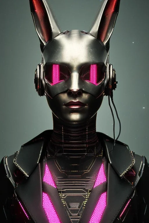 Medium Close Up Portrait, Front image. cyberpunk, rabbit mask, teenager, blonde woman, cyber helmet head. Titanium dress. Black, pink, color. Steampunk style. renaissance ornaments, Color background, photo studio. Front image, highly detailed, concept art, smooth, unreal engine 5, ray tracing, RTX, lumen lighting, ultra detail, volumetric lighting, 3d, finely drawn, high definition, high resolution.